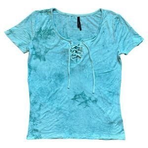 Women's S Empyre Blue Green Tie Dye Short Sleeve Shirt Small Lace Up Front Tee